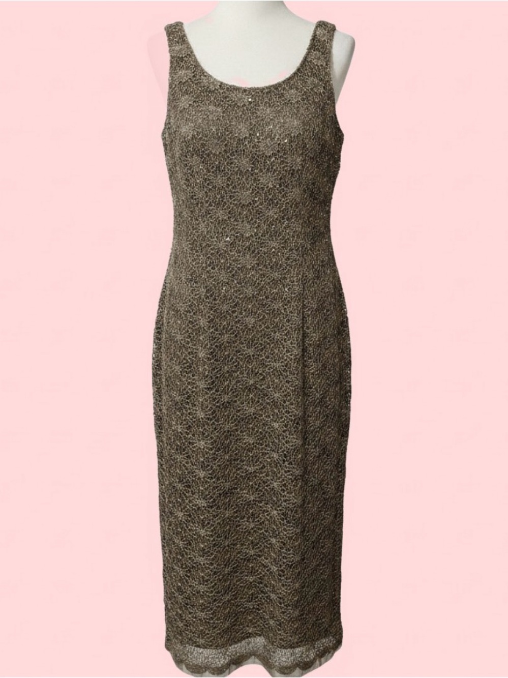 R&M Richards Sz 14 Metallic Crochet Lace Sequin Maxi Gown Formal MOB Party Glam